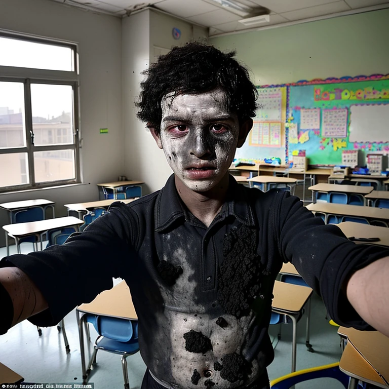 A selfie of an elementary school boy covered in soot and in tatters after being caught in an explosion in his classroom