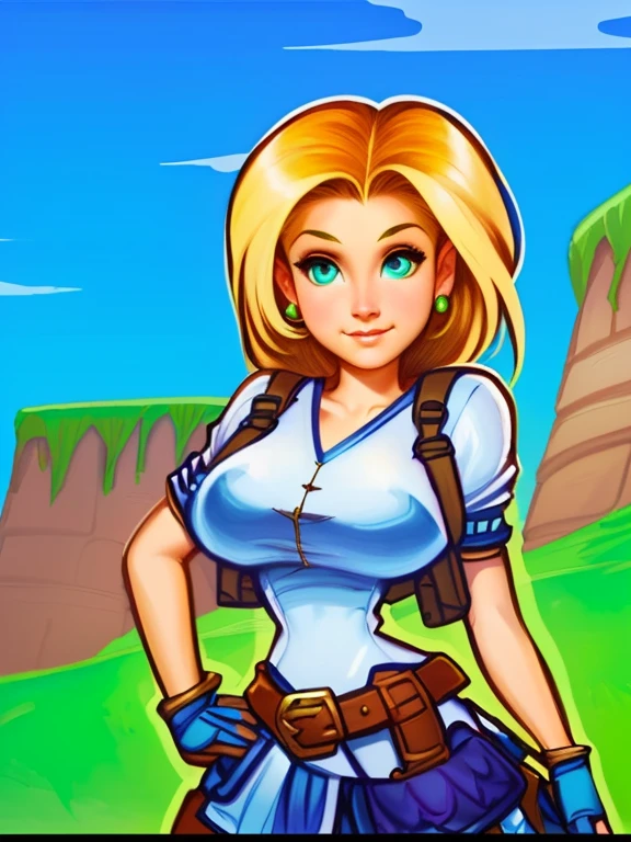 4k, best quality, Boris Vallejo, Digital painting, a cartoon of a woman with a backpack and a backpack, cartoon art style, 2d upper body gaming avatar, playrix casual games, beautiful ranger, game of adventure, ancient ruins behind her, bug trainer girl, Android 18, epic battle fantasy natalie, cartoon art style, female explorer mini cute girl, lady huntress of the forest, wearing glowing breastplate