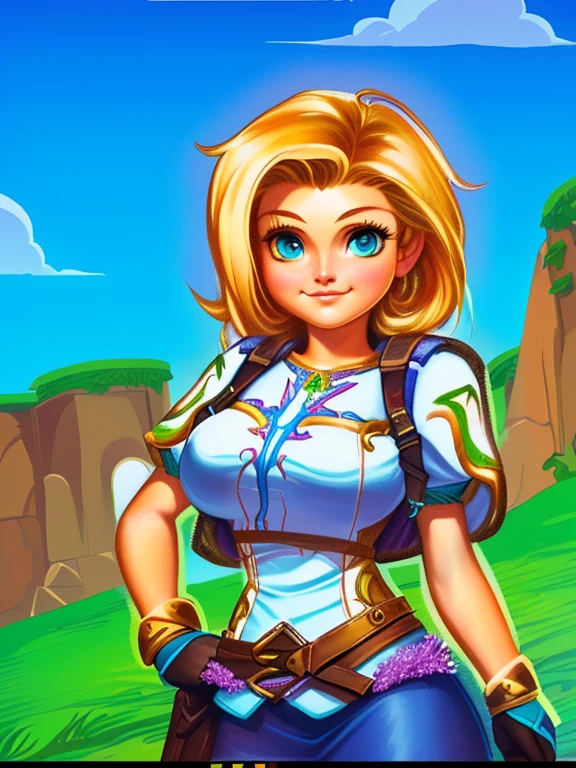 4k, best quality, Boris Vallejo, Digital painting, a cartoon of a woman with a backpack and a backpack, cartoon art style, 2d upper body gaming avatar, playrix casual games, beautiful ranger, game of adventure, ancient ruins behind her, bug trainer girl, Android 18, epic battle fantasy natalie, cartoon art style, female explorer mini cute girl, lady huntress of the forest, wearing glowing breastplate