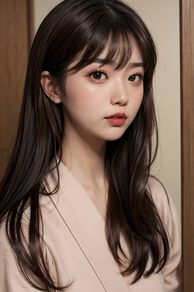 japanese girl, close-up face, brown eyes, red lips, brown hair, blushing cheeks