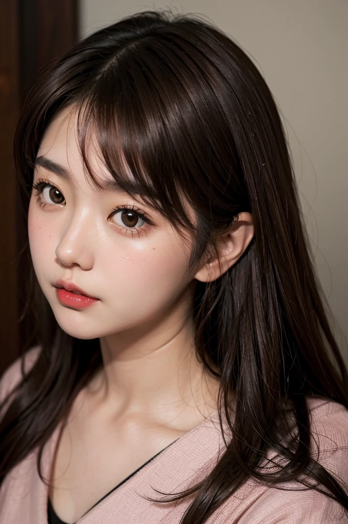 japanese girl, close-up face, brown eyes, red lips, brown hair, blushing cheeks