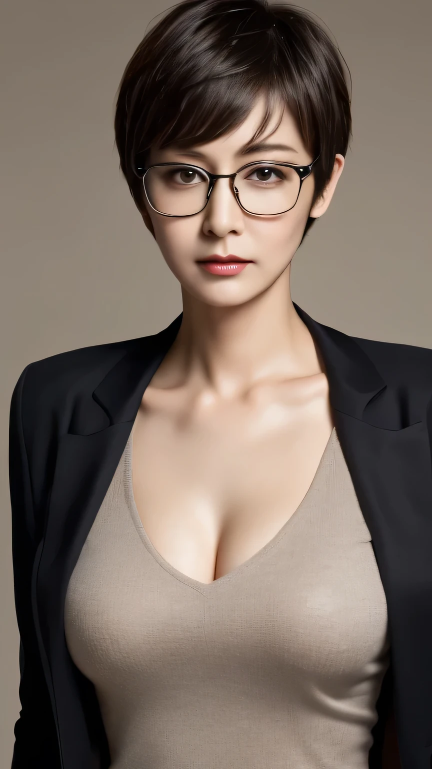 (highest quality,8k,masterpiece),Anatomically correct,Beautiful mature woman,
plain mature woman,Glasses,Pixie Cut,
Big Breasts,Depiction of genitalia,
Black jacket,