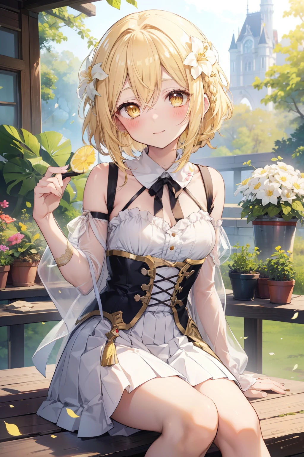 firefly、Good looking girl (blush, Perfect Face), independent , Looking at the camera, masterpiece, Anime art style, Cute Characters, Most detailed, high quality、Nico Nico Smile、There are highlights in the eyes、blonde、The whole body is visible、****ta、Small breasts、Braided Short Hair、Flower decoration、Yellow Eyes