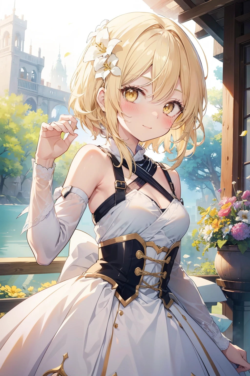 firefly、Good looking girl (blush, Perfect Face), independent , Looking at the camera, masterpiece, Anime art style, Cute Characters, Most detailed, high quality、Nico Nico Smile、There are highlights in the eyes、blonde、The whole body is visible、****ta、Small breasts、Braided Short Hair、Flower decoration、Yellow Eyes