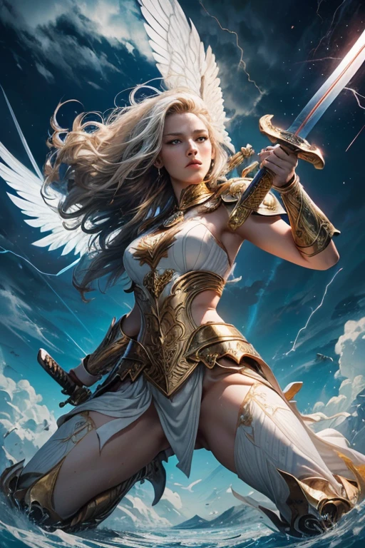 flat colors,glorious victory scene,vivid colors,beautiful vintage warrior woman with very big white open wings,beautiful face,curly long hair,((((holding 1 sword in front of the body in a defensive position)))), white armor with gold embroid details, storm sky and lightning clouds background
