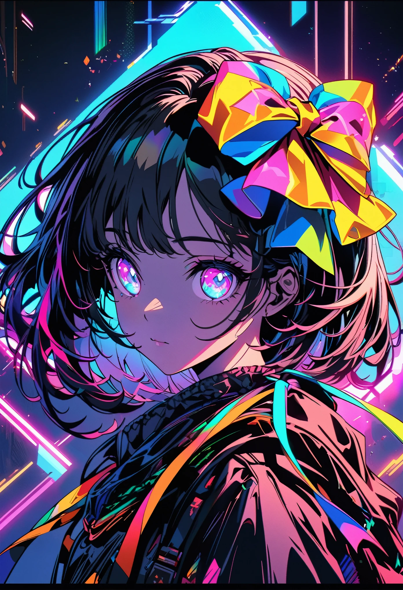 A black silhouette of an anime girl with her head wrapped in colorful bows. The ribbons and bows should be sparkling like diamonds and have different patterns on them. The background is dark with glowing lights. The art style is digital with fantasy illustration in a hyperdetailed and hyperrealistic style. It is high resolution and high detail with neon colors and vibrant colors. There are glitch effects, holographic effects, neon lighting, and hologram effects with cyberpunk elements. There is a high contrast between light and shadow, shadows and highlights. --ar 3:4 --niji 6