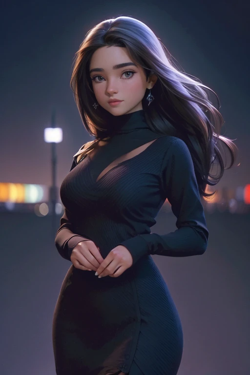 como personaje de dibujos animados, SFW, vestido, Top negro, turtleneck, Brown eyes, curvas, parte superior del cuerpo, intrincado, Sharp focus, Soft lighting, Colores vibrantes, Obra maestra, (frontal), ojos detallados, luces de estudio publicitario, anillo de luz led frontal, sombras suaves, fondo bokeh, hyperrealistic photography, hiperdetalle, HD, Color correction, hdr, escala de colores, Hyper realistic (Fondo blanco),