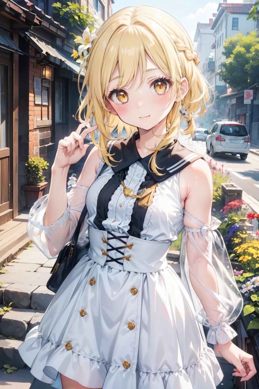 firefly、Good looking girl (blush, Perfect Face), independent , Looking at the camera, masterpiece, Anime art style, Cute Characters, Most detailed, high quality、Nico Nico Smile、There are highlights in the eyes、blonde、The whole body is visible、****ta、Small breasts、Braided Short Hair、Flower decoration、Yellow Eyes