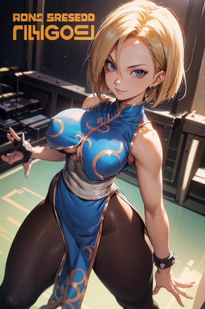 (((Android 18))), masterpiece, best quality, cowboy shot, 1girl, solo, saiyan armor, armor, black skirt, dress, wristband, black pantyhose, leggings, boots, bedroom background, indoors, nighttime, smile, happy, (Huge Breasts), wide hips, curvy, thin waist, looking at viewer, bare shoulders, blonde hair, medium hair, full Body