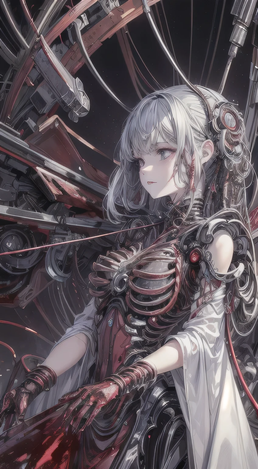 (((masterpiece))), ((highest quality)), (Super Detail), (CG illustration), (So evil and beautiful)), Cinematic Light, ((1. Mechanical Girl)), single, (Mechanical Arts: 1.4), ((Mechanical Limbs)), (Blood vessel attached to a tube), ((Mechanical spine attached to the back)), ((Mechanical cervical spine attached to the neck), (Back to viewers)), Expressionless, ( Wires and cables connected to the head and torso: 1.5), SF, Apocalypse, Remains, (Lower body integrated with mechanical device), (Blood: 1.5), Cruelty, Disorganized, eroticism, Integration with machines, The End Times, Super Future, inorganic, Research Room, Constraints, (Beautiful luxury: 1.2), (1 girl: 1.3), Body wrapped around the tentacles of the machine