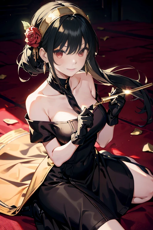 yor briar(spy × family), anime style beutiful woman, 1girl, fullbody ,happy, smile, red face, closed mouth, beautiful detailed eyes, super detailed skin, backlighting, bare shoulders, black background, black dress, black gloves, black hair, breasts, dress, earrings, fingerless gloves, floating hair, floral print, flower, gloves, gold earrings, gold hairband, hair flower, hair ornament, hairband, holding, holding weapon, jewelry, large breasts, long hair, looking at viewer, off-shoulder dress, off shoulder,red eyes, short hair with long locks, sidelocks, solo, spikes, thighs, two-sided dress, two-sided fabric, weapon, fighting stance , face, close up, from above, highest quality, high resolution.
