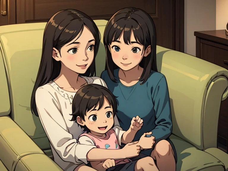 Family, on sofa, Father, mother, daughter, littlehappy faces,
