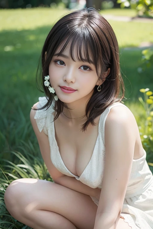 8K、Best Quality:1.4、Ultra-high resolution:1.5、(Photorealistic:1.4)、masterpiece:1.2、(highest quality:1.4)、Raw photo、(From the knee up:1.4)、(Background Blur)、Japanese women、cute、24-years-old:1.2、Beautiful dark eyes、Double、Natural skin texture:1.8、Realistic eye and facial details:1.8、Small breasts、(alone)、(Shy laugh)、whole body:1.2 、White floral dress、Realistic Shadows、Beautiful feet:1.2、Smooth Skin、(Medium Hair、bangs)、Nogizaka:1.2、Beautiful body、Midsummer blue sky、Grass park on the mountain、Look at the viewers、Low - Angle、(Staring at the camera with a cute expression)、Bright lighting、Professional Lighting、Forward lighting、cute笑顔、Beautiful clavicle、