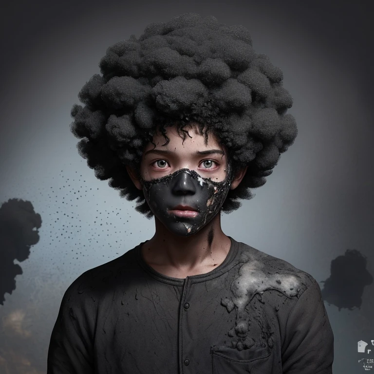 Elementary school boy covered in soot from an explosion that turned him into an afro