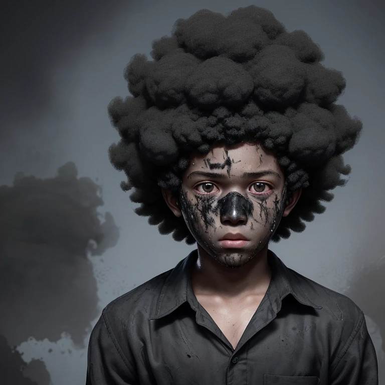 Elementary school boy covered in soot from an explosion that turned him into an afro