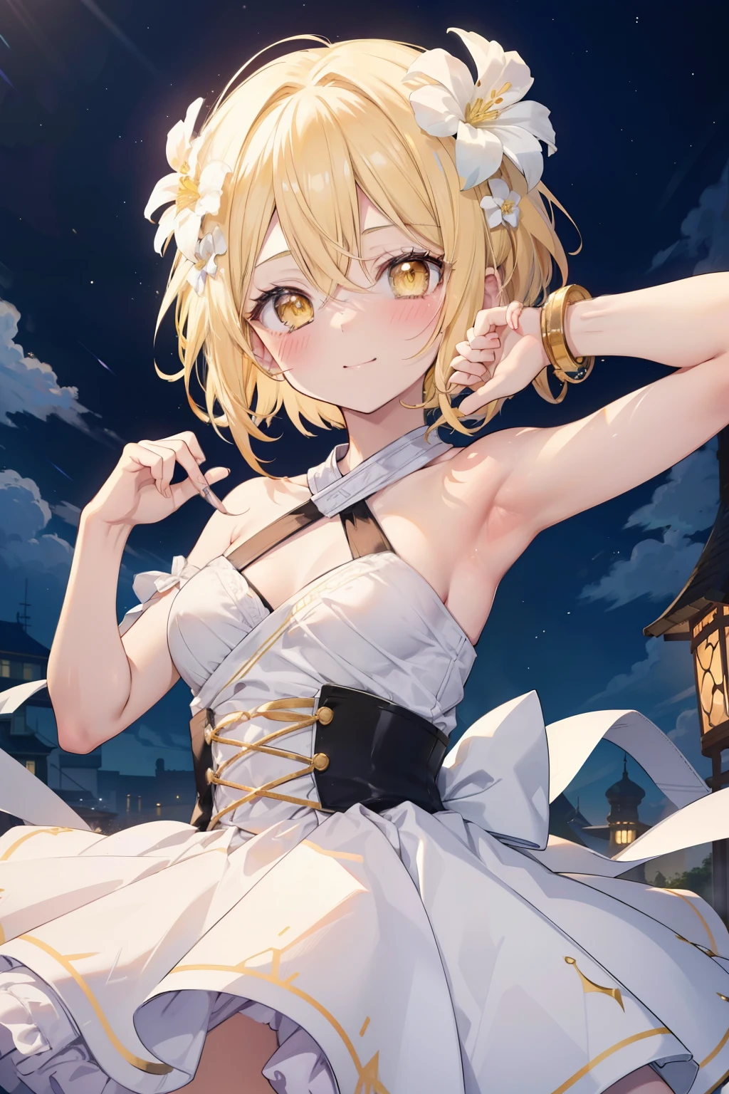 firefly、Good looking girl (blush, Perfect Face), independent , Looking at the camera, masterpiece, Anime art style, Cute Characters, Most detailed, high quality、Nico Nico Smile、There are highlights in the eyes、blonde、The whole body is visible、ta、Small breasts、Braided Short Hair、Flower decoration、Yellow Eyes、Show your armpits