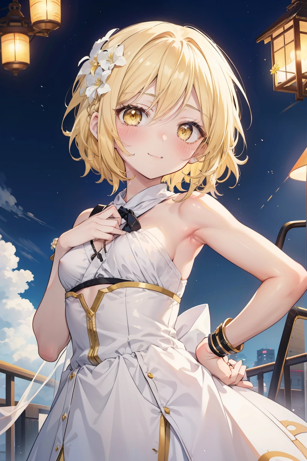 firefly、Good looking girl (blush, Perfect Face), independent , Looking at the camera, masterpiece, Anime art style, Cute Characters, Most detailed, high quality、Nico Nico Smile、There are highlights in the eyes、blonde、The whole body is visible、****ta、Small breasts、Braided Short Hair、Flower decoration、Yellow Eyes、Show your armpits