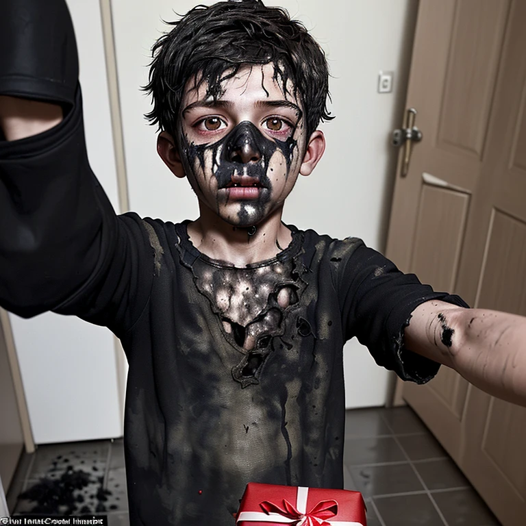 Boy caught in explosion while filming comedy movie and covered in ash