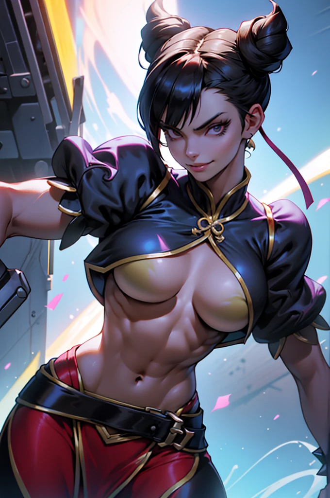 belo corpo,mulher jovem,short black hair , badass , colan,May,coxas torneadas,Evil Smile,juri han,chifres de cabelo,detalhes do corpo,low yellow lighting,raios de luz belo corpo detalhado