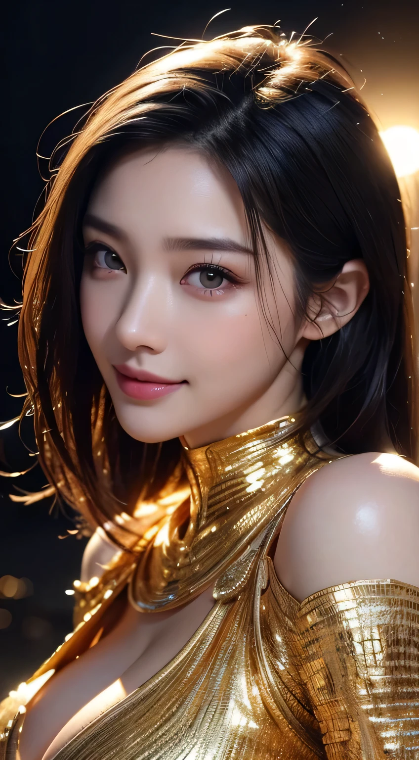 Kimono beauty, body portrait, 8k, thin and beautiful eyes, Dindal effect, masterpiece, top quality, high quality, high resolution, very detailed photo, (natural skin texture, fine skin, hyper realism, super sharpness) , high detail skin, (very fine, fine skin texture, intricate details, beautiful face, (real-like face), realistic eyes, beautifully detailed eyes, realistic skin, beautiful skin, surreal, Highly detailed, golden ratio, smiling eyes, ((night moonlight background)), body portrait, G cup, big breasts, huge breasts, big breasts, glamorous, shiny bodysuit