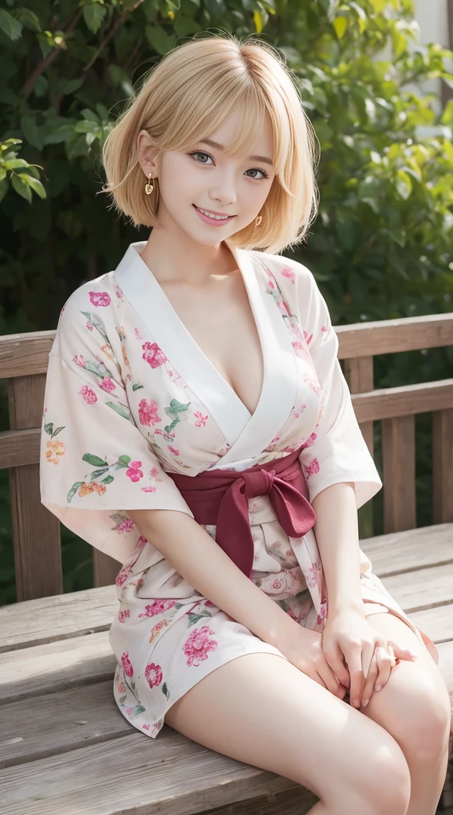 flying debris、highest quality、An illustration、highest quality、Understood、High resolution、8k wallpaper、Perfect dynamic composition、(((Ezvian Everywhere)))、((From below))、Beautiful and cute 20 year old girl、Beautiful face in every detail、Delicate and cute eyes、Fine skin、Red cheeks.、shy、(Semi-short hair:1.3)、(wavy blonde hair)、Small breasts、Bold sexy pose、smile、Small breasts、Between the legs、Small Ass、Thin ass、Generated on the eaves.、Narrow shoulders、wavy blonde hair、blonde、Heart-shaped earrings、smile、、Gold bracelet、garden、So you can see all the way to your feet、Summer festival、in yukata、Wear a yukata with a large floral pattern、Tie your hair back、Hold a fan、