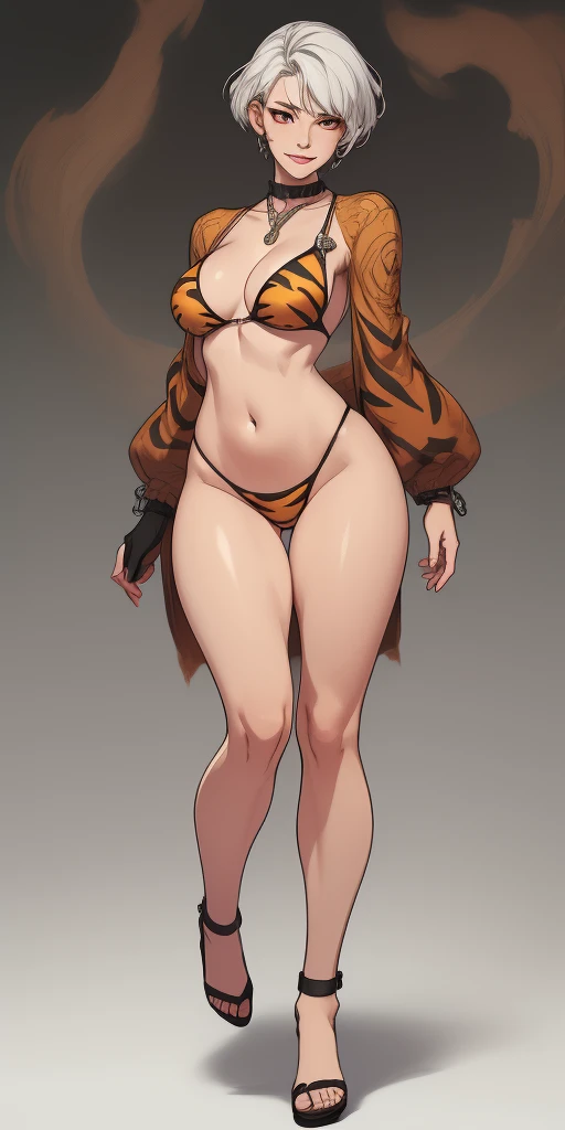 (Masterpiece,8k best quality, ultra detailed, best shadow, best rendering, realistic illustration, photo realistic, grey background:1.2) 1girl solo full body height standing straight symmetrical looking to the viewer, view from below, dark skin toned body, drow, elf, 1girl, mature, pinched eyes, short silver white hair cut (yellow tiger ?????? print long sleeves and long stockings) (detached long sleeves) leather choker with chain collar necklace heart shaped, (stomach tattoo, red tattoo under belly button navel) hands on ????, thick thighs, metal sandals, ?????????? (wide stance) standing (beautiful detailed eyes) (smile:1.2) ((closed mouth, red cheeks)) sharp focus, good composition, hair bang ((red eyes)) perfect ???????, big knockers, gloves gauntlets, long stockings, athletic, toned body, exposed abdomen, abs, navel, thin waist, ???????? wristbands, ???????? on knees, feet together standing wide stance