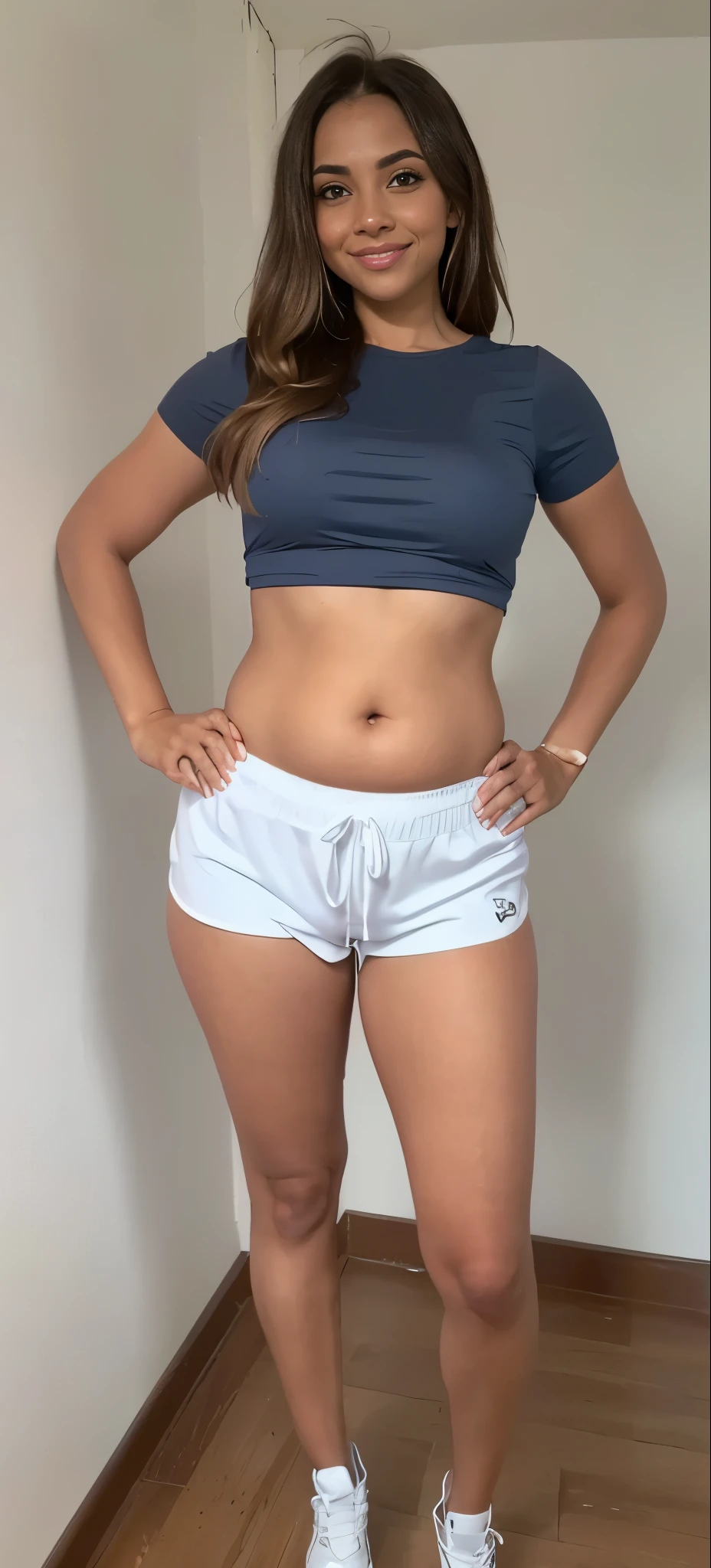 a close up of a woman In shorts and a shirt posing for a picture, cintura fina, cintura fina, In shorts, corpo tonificado, cintura fina, Corpo sensual com barriga sexy, barriga chapada, barriga em forma, foto adequada, tiro do meio da cintura para cima, forma tonificada, cintura fina, cintura - tiro, her belly button is exposed, shorts de saque, cintura fina, abdomen, umbigo aparecendo
