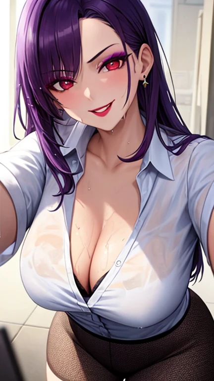 best quality, masterpiece,1girl,mature female,medium breasts,cleavage,( purple hair:1.2),(makeup:1.2), devil eyes,red eyes, Lipstick, jewelry,evil smile,(office_lady),white_shirt,cowboy shot,(wet skin:1.2),leaning forward,from_below,foreshortening
