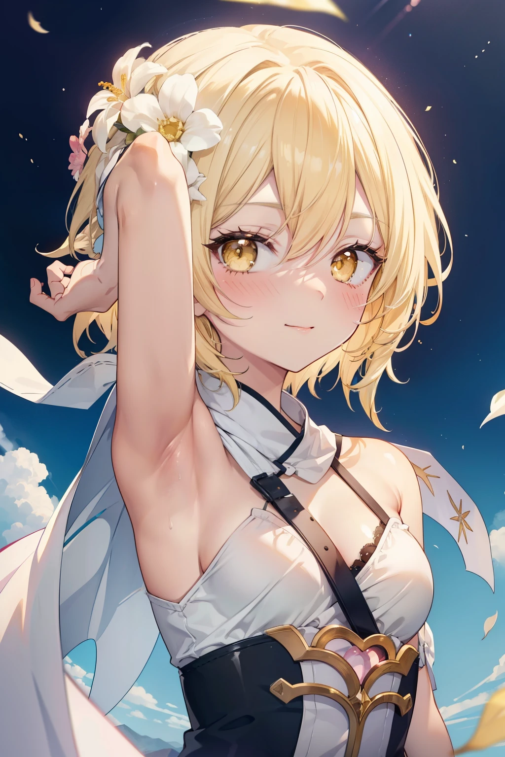 firefly、Good looking girl (blush, Perfect Face), independent , Looking at the camera, masterpiece, Anime art style, Cute Characters, Most detailed, high quality、Nico Nico Smile、There are highlights in the eyes、blonde、The whole body is visible、****ta、Small breasts、Braided Short Hair、Flower decoration、Yellow Eyes、Show your armpits