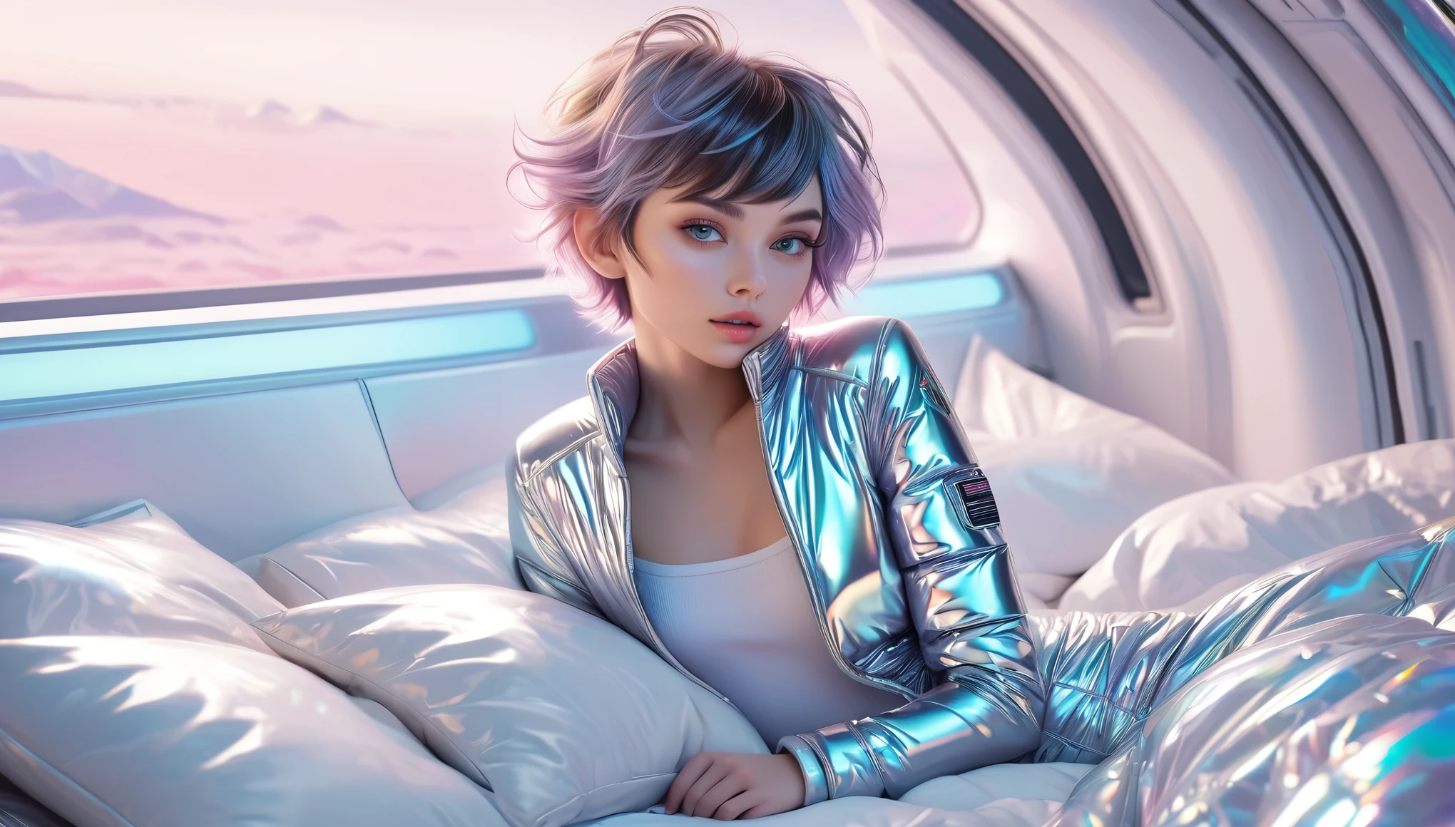 Masterpiece, Best Quality, ((skinny girl in a open shiny puffer with wide neckline, short sleeves, small perky breasts, puffy nipples, extremely detailed face, detailed eyes, detailed lips, pixie asymmetrical hair, small hips, in a spaceship, on a bed, full body view, pastell colors))