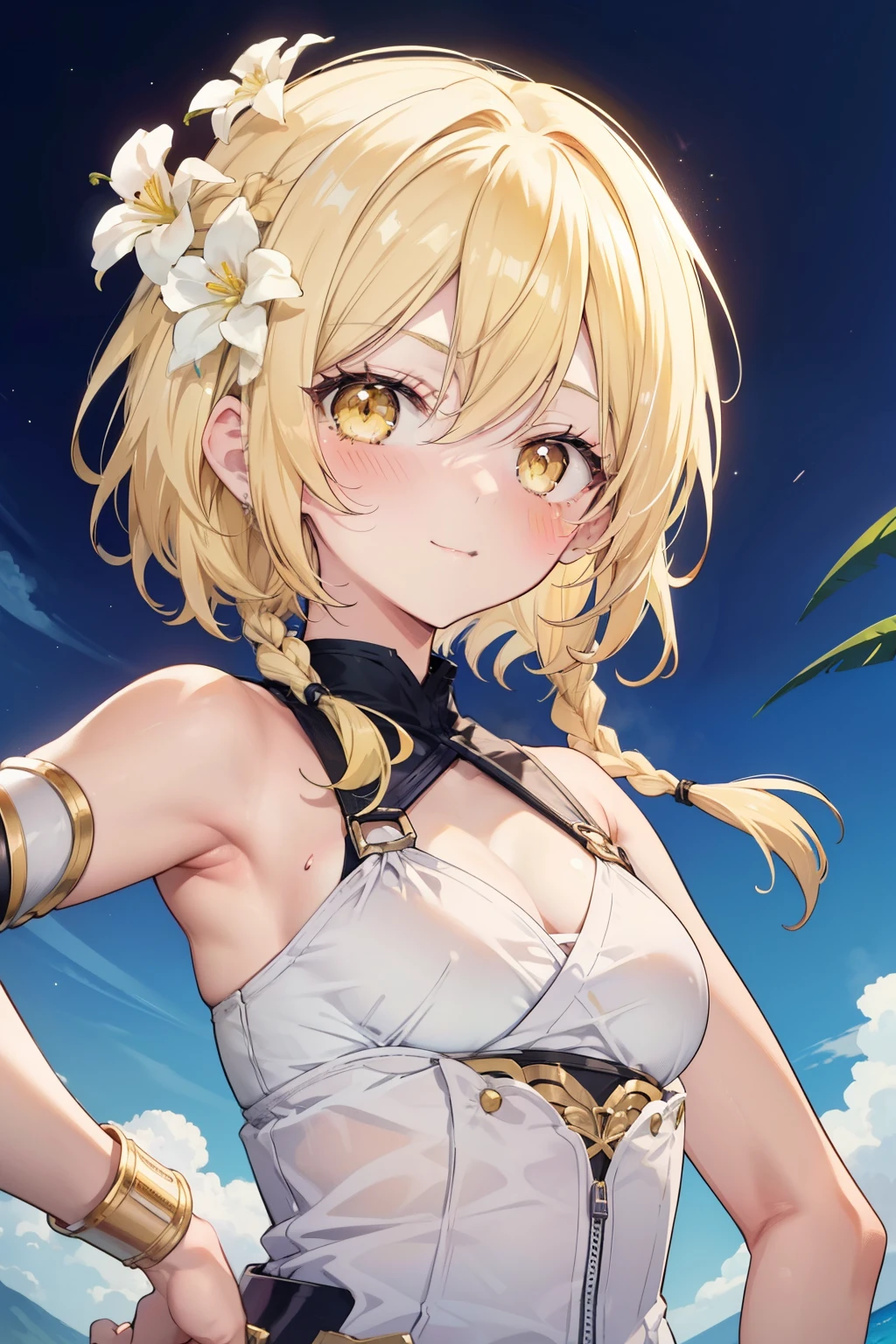 firefly、Good looking girl (blush, Perfect Face), independent , Looking at the camera, masterpiece, Anime art style, Cute Characters, Most detailed, high quality、Nico Nico Smile、There are highlights in the eyes、blonde、The whole body is visible、Lolita、Small breasts、Braided Short Hair、Flower decoration、Yellow Eyes、Show your armpits