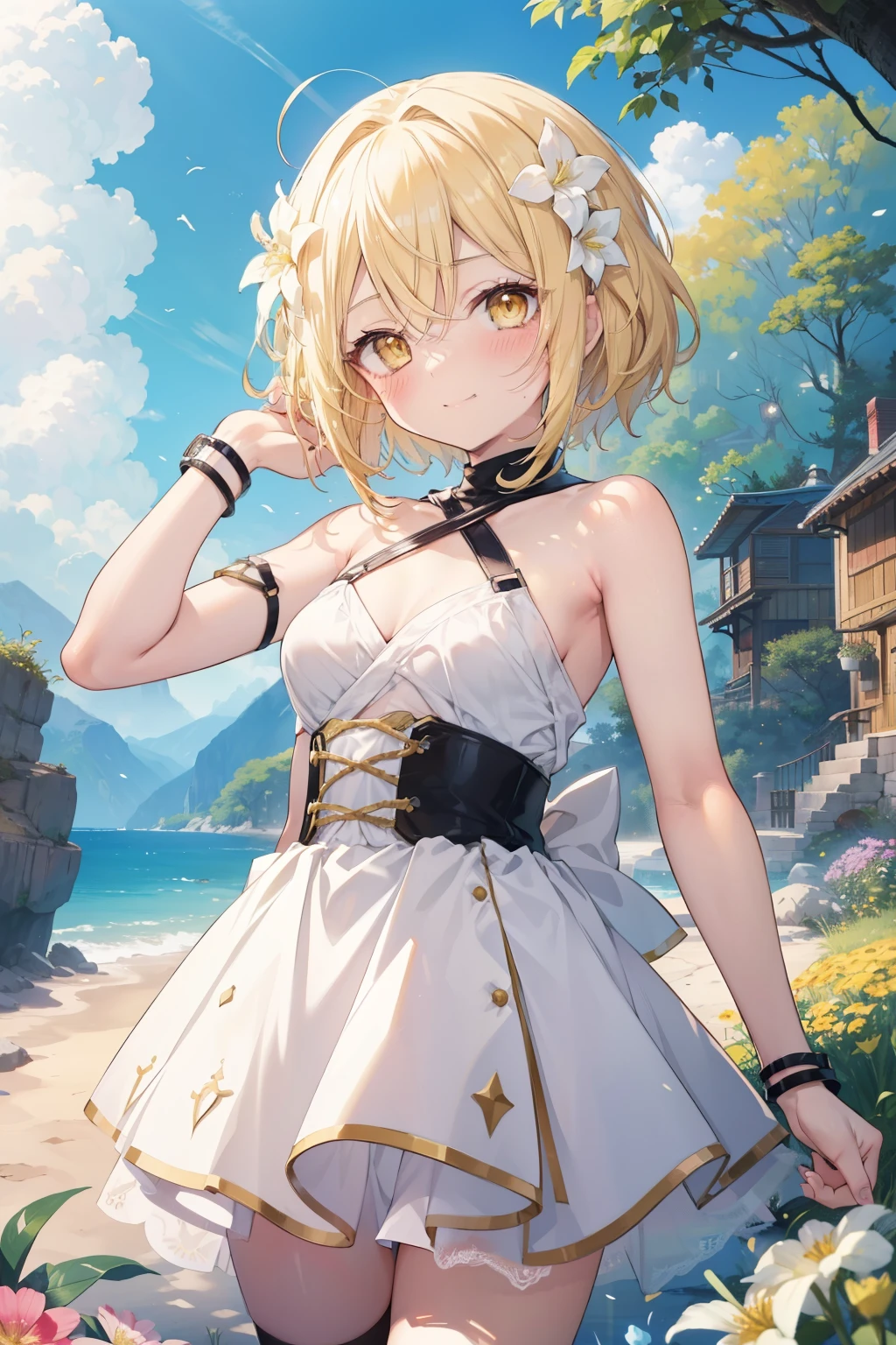 firefly、Good looking girl (blush, Perfect Face), independent , Looking at the camera, masterpiece, Anime art style, Cute Characters, Most detailed, high quality、Nico Nico Smile、There are highlights in the eyes、blonde、The whole body is visible、****ta、Small breasts、Braided Short Hair、Flower decoration、Yellow Eyes、Show your armpits