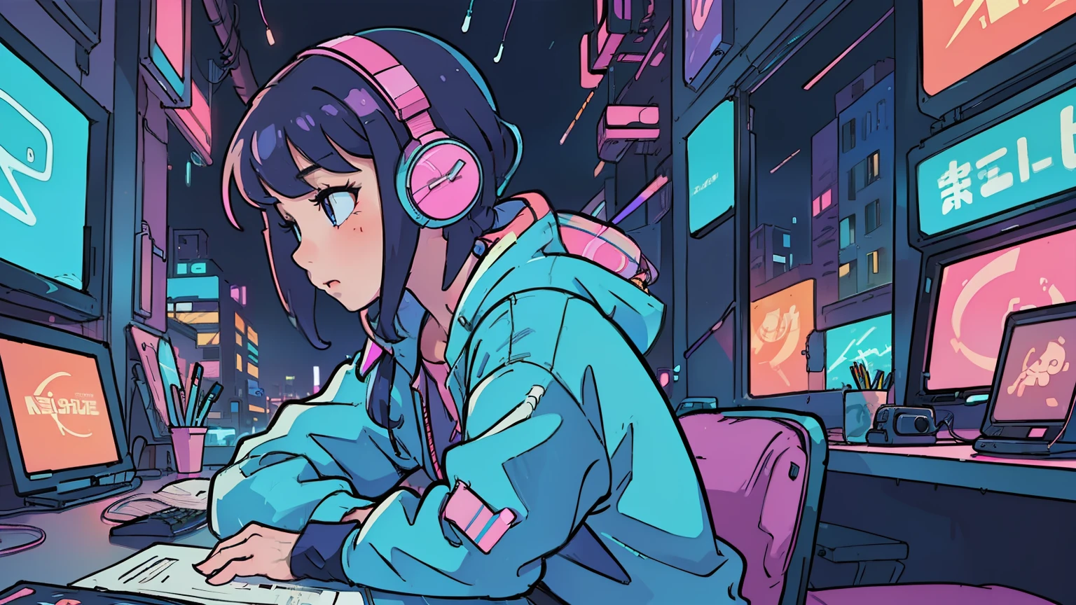 (masterpiece), (Best illustrations), Winds of the 90s,Retro、Colorful Cyberpunk、Girl studying at desk,profile, Put on your headphones, Night Light, Neon scenery on a rainy day seen from the window, Girl's Room,Barely, Black Stockings、The inside color is pink,Emo,Night view, Night Light, Lo-fi hip hop, Desktop PC, Ring lighting,(masterpiece), (highest quality), (Vaporwave Style), (Ultra-detailed), (Best illustrations), (Best Shadow),Perfect lighting, Bright colors,fashionable