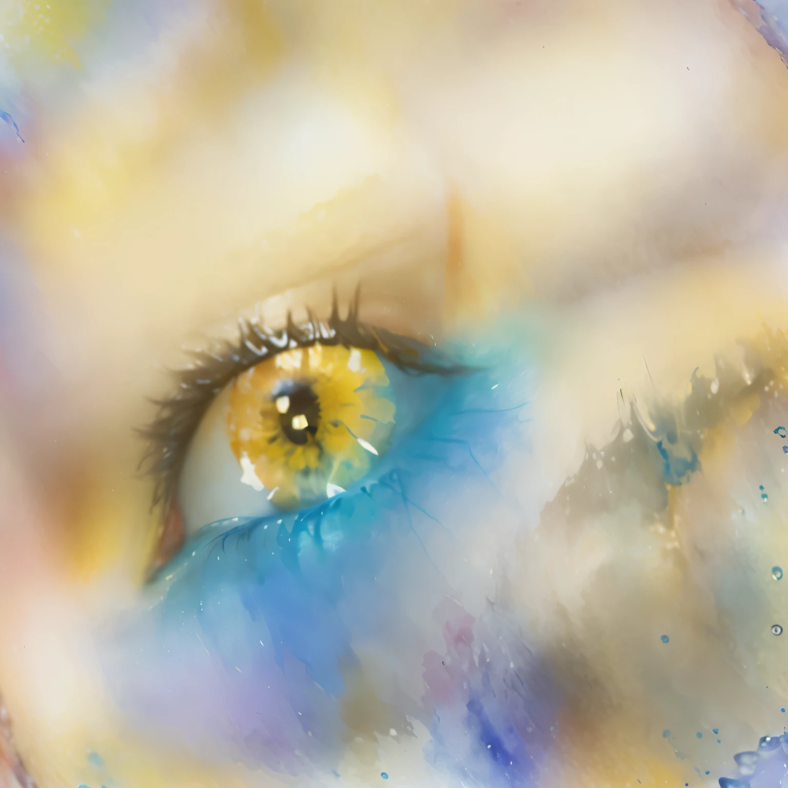 there is a blurry image of a yellow eye with a blue background, water eyes, eye reflection, yellow eye, golden watery eyes, eye reflections, watery eyes, one yellow and one blue eye, wet eye relections, soft digital painting, digital watercolor, eye relections, ((water color)), watercolor digital painting, camera glare in oil style