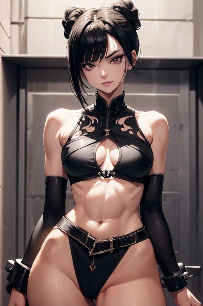belo corpo,mulher jovem,short black hair , badass , colan,May,coxas torneadas,Evil Smile,juri han,chifres de cabelo,detalhes do corpo,low yellow lighting,raios de luz belo corpo detalhado