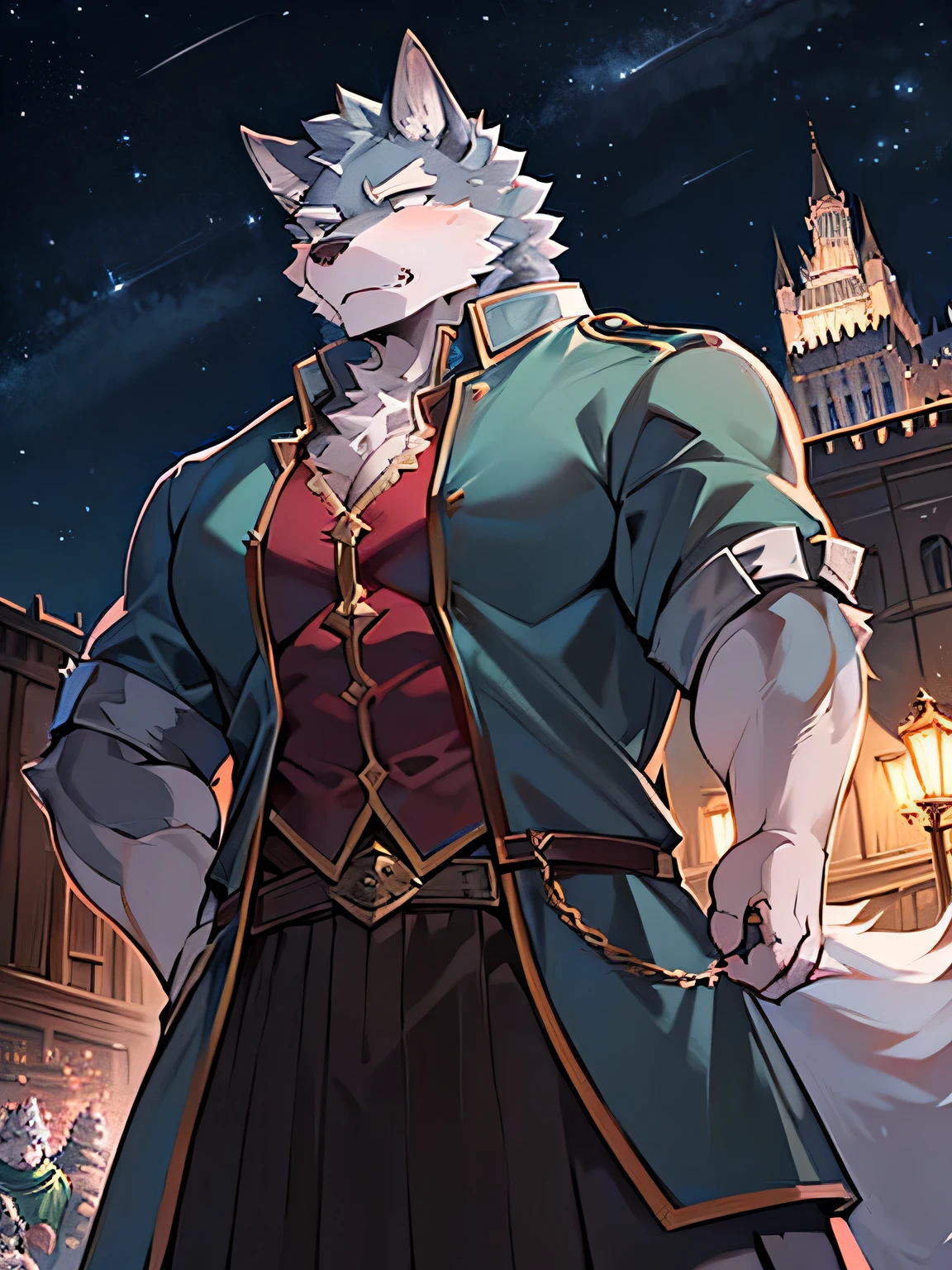 Just not good, Muscular body, Gray fur，Body tearing, Wolf King, Stand under the stars, Fantasy background with a castle in the distance, For the audience, head tilted to one side, Beautiful night woods sky, Dressed in a tunic, Wolf furry character