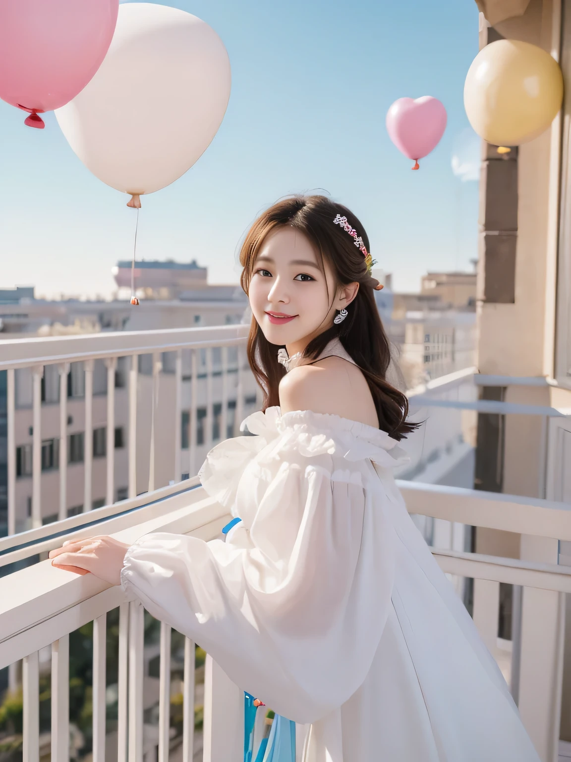 masterpiece、8k、32k、highest quality、20 years old、One Girl、elegant、(Detailed background depiction、Portrait:1.2)、White Dress、(balcony、Colorful balloons:1.3)、get up、Cowboy Shot、smile