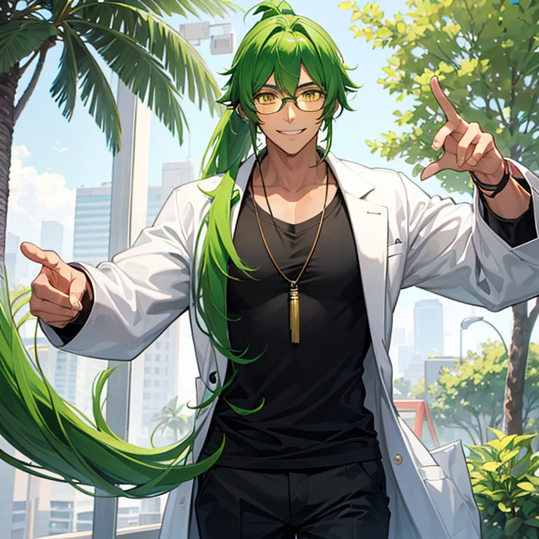 Tall young man, tanned skin, long green hair in a ponytail, round glasses, yellow eyes, smiling, wearing casual clothes with a lab coat