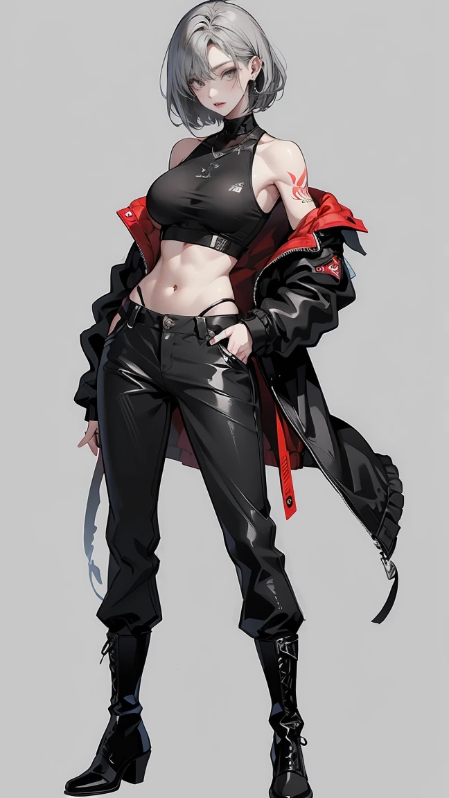 highest quality、masterpiece、8k、Realistic、超High resolution、Very delicate and beautiful、High resolution、Muscle Girl、Gal、Perfect female body、Beautiful woman、Mature Woman、Silver Hair、Straight short hair、Red eyes、Six Pack、One tattoo、Earrings、Toned body、Big Breasts、Black military uniform、Tank top、I can see your belly、Black trousers、boots、cigarette、Wild Pose、Full body emphasis、Simple Background
