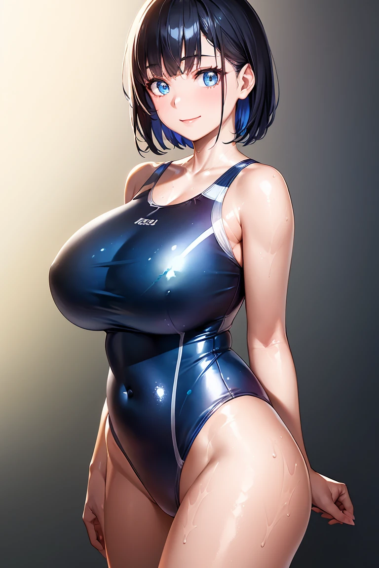 extremely detailed CG, super detailed skin, perfect anatomy, dynamic lighting, beautiful detailed eyes, Top quality、Realistic、woman、about 40 yo、Beautiful Eyes、Symmetrical eyes、A big smile、(Big breasts bigger than face、Plump body、Curvy Body:1)、Short Hair、Black Hair、Iris、 (blue one-piece swimsuit:1.6), (Shiny skin、Glowing Skin、High gloss skin:1.4)、Walking、