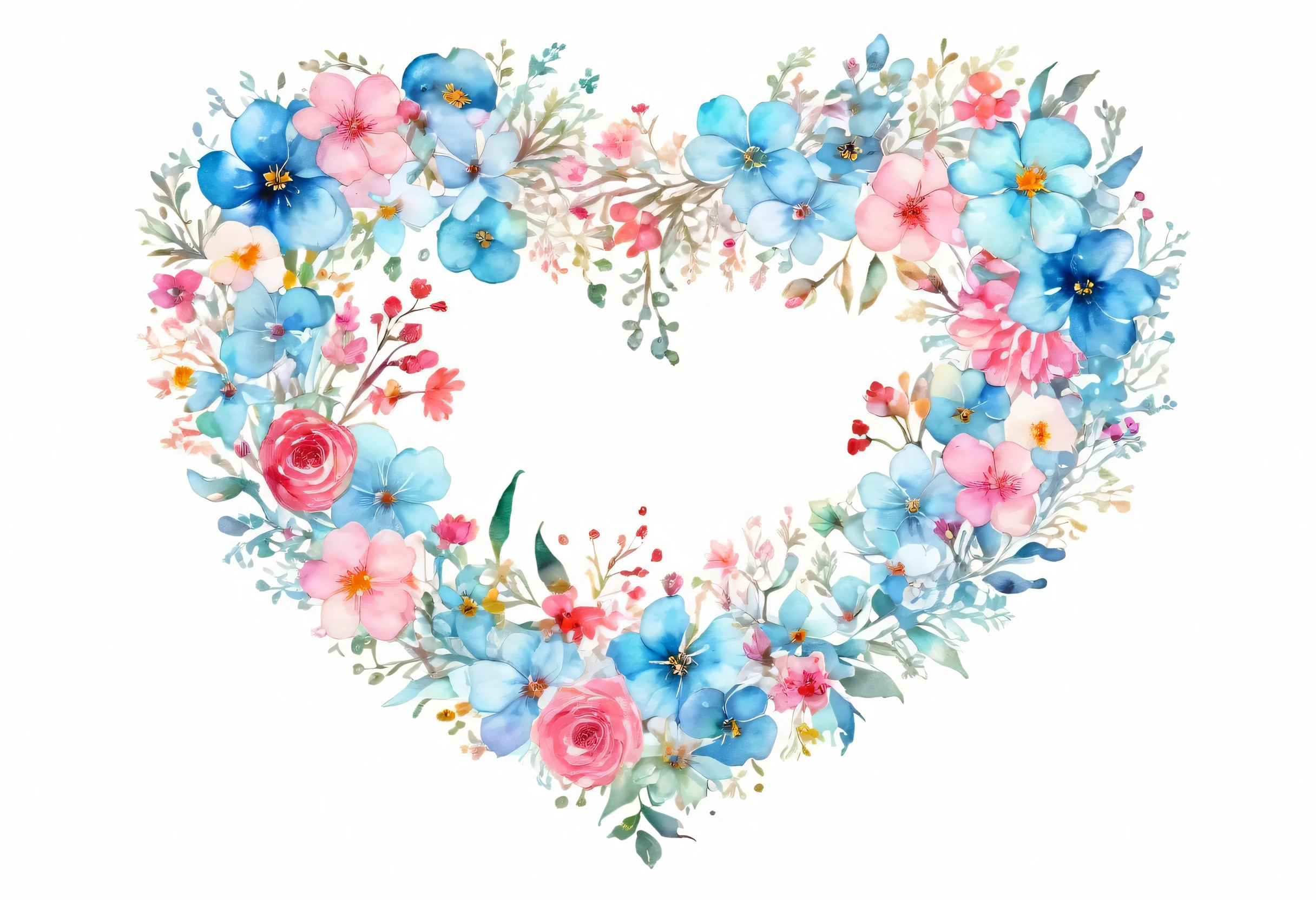 watercolor Floral heart with flowers on white background, a picture by Ayami Kojima, Trending on Shutterstock, Romanticism, heart made of flowers, ( colorful ), No Gradient, ((light blue)), (Pink), Hungry Ghost Festival, Floral!, beautiful!!!!!!!!!!!!, (heart), Watercolor style, beautiful art