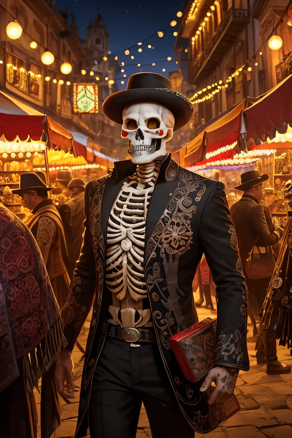A realistic Day of the Dead skeleton, engrossed in trading activities, intricately detailed with vibrant colors and luminous skull eyes, super detalhada, hiper realista, surrounded by a lively and bustling marketplace, 8K, ultra-high definition.