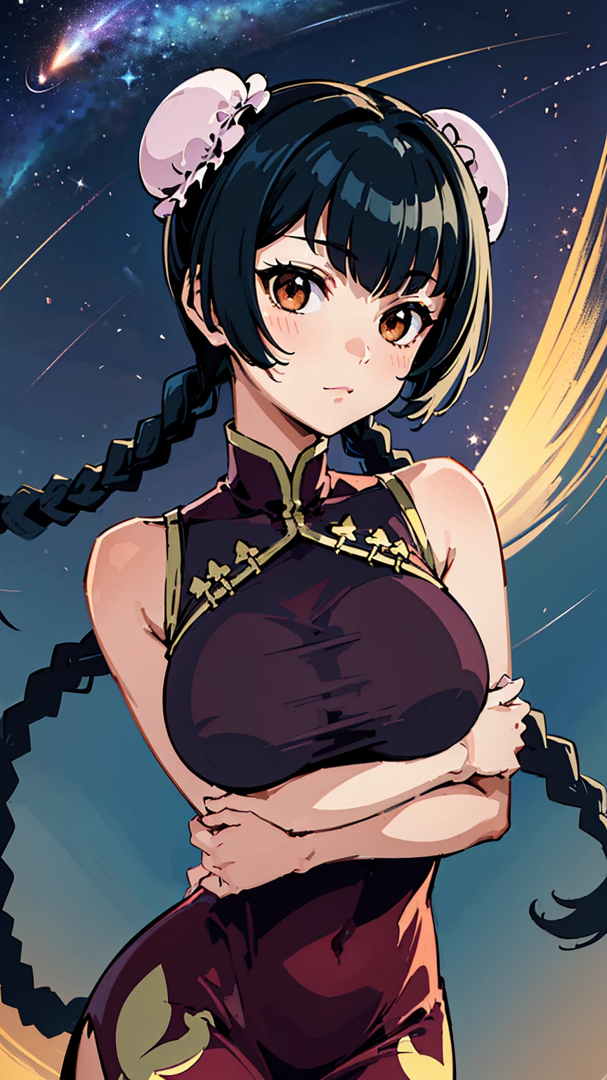 8K quality,(super masterpiece:1.3),highest quality,Detailed Images,1 female,symmetrical beauty,Wang Liumei,(Black Hair,With bangs,Bun and braids),F cup breasts,Red Chinese Dress,(Fantastic night sky background,Star of the sky,full moon,shooting star),(Face directly towards the camera,Looking directly at the viewer,looking at the camera,The body faces the viewer,The body is facing the direction of the camera,Face looking straight into the camera).