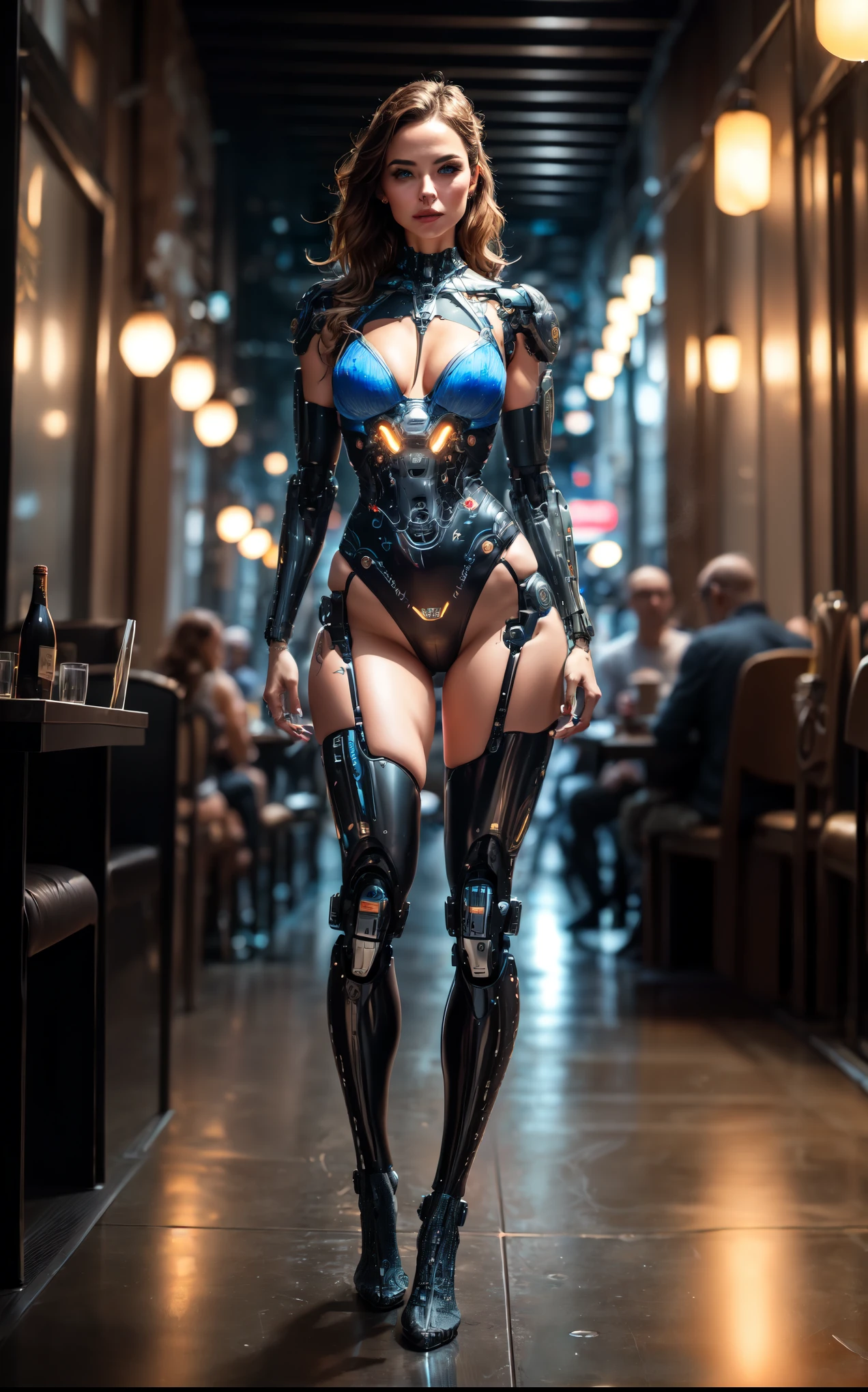Sexy female cyborg erotically sitting at a table in a sidewalk cafe, foot on foot, (Best quality, 4K, 8k, A high resolution, masterpiece:1.2), absurdity, masterpiece, ultra detailed, (realistic, photorealistic, photorealistic:1.37), complex parts, HDR, (complex parts:1.12), (hyper detailed, hyper realistic, Soft lighting, spicy:1.2), beautiful figure, Magnificent Anatomy, (complex part, Hyper detailed:1.15), Smooth skin,