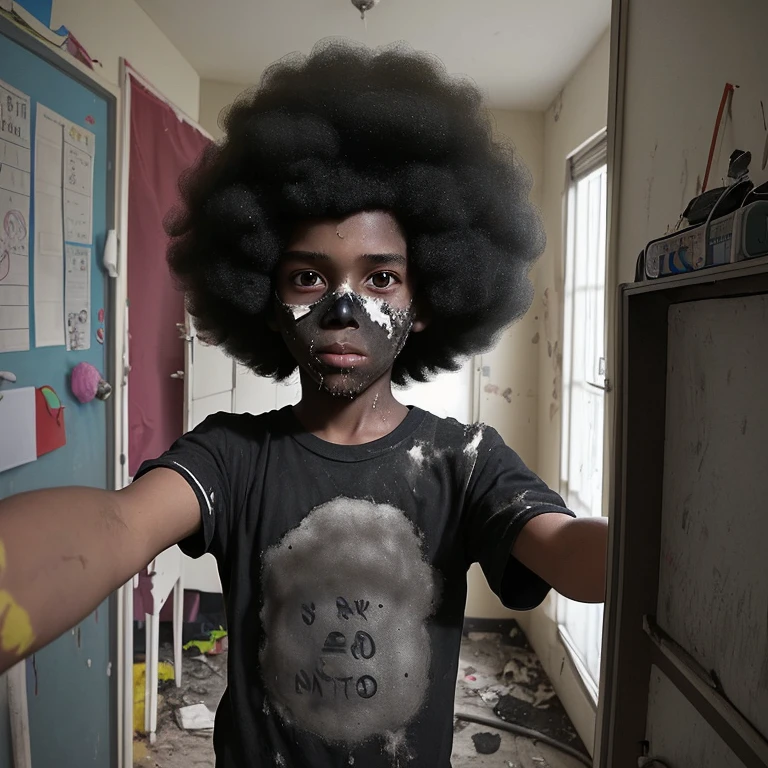 A selfie of a boy , covered in soot and with an afro from an explosion in his room.