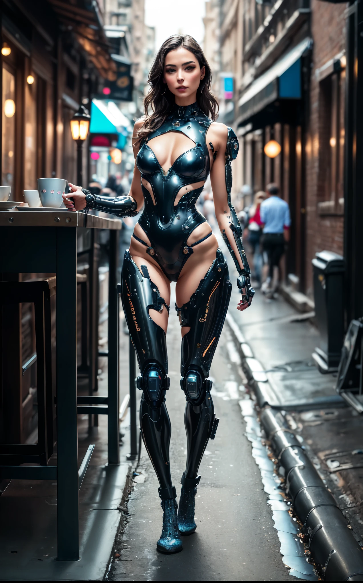 Sexy female cyborg erotically sitting at a table in a sidewalk cafe, foot on foot, (Best quality, 4K, 8k, A high resolution, masterpiece:1.2), absurdity, masterpiece, ultra detailed, (realistic, photorealistic, photorealistic:1.37), complex parts, HDR, (complex parts:1.12), (hyper detailed, hyper realistic, Soft lighting, spicy:1.2), beautiful figure, Magnificent Anatomy, (complex part, Hyper detailed:1.15), Smooth skin,