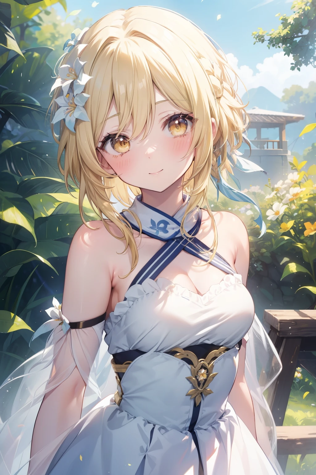 firefly、Good looking girl (blush, Perfect Face), independent , Looking at the camera, masterpiece, Anime art style, Cute Characters, Most detailed, high quality、Nico Nico Smile、There are highlights in the eyes、blonde、The whole body is visible、Lolita、Small breasts、Braided Short Hair、Flower decoration、Yellow Eyes、Show your armpits