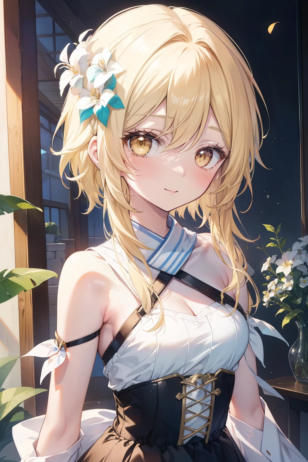 firefly、Good looking girl (blush, Perfect Face), independent , Looking at the camera, masterpiece, Anime art style, Cute Characters, Most detailed, high quality、Nico Nico Smile、There are highlights in the eyes、blonde、The whole body is visible、ta、Small breasts、Braided Short Hair、Flower decoration、Yellow Eyes、Show your armpits