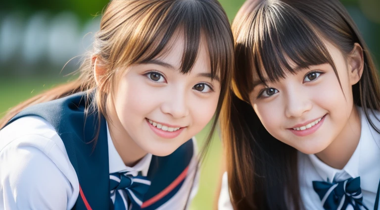(Cute Smile:1.2), (Transparent white skin), (Two Girls), Very detailed girls, Very detailed CG 統合 8k 壁紙, Very detailed, High-resolution RAW color photos, Professional photography, Realistic portraits, Cinematic Light, bangs, (highest quality:1.4), (Very detailed), Great face and eyes, Brown eyes, (High School Uniform:1.2), Very high resolution, Sitting, Flowers, crisp, clear,
