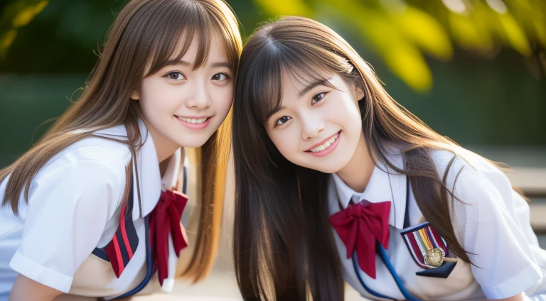 (Cute Smile:1.2), (Transparent white skin), (Two Girls), Very detailed girls, Very detailed CG 統合 8k 壁紙, Very detailed, High-resolution RAW color photos, Professional photography, Realistic portraits, Cinematic Light, bangs, (highest quality:1.4), (Very detailed), Great face and eyes, Brown eyes, (High School Uniform:1.2), Very high resolution, Sitting, Flowers, crisp, clear,
